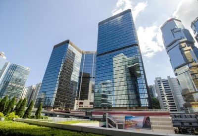 Exterior view of the glass-facade Admiralty Centre Tower 1 in Hong Kong.