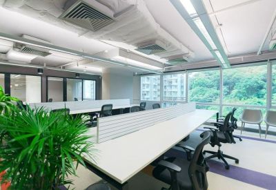 Bright workspace featuring rows of white desks with privacy screens and ergonomic black chairs.