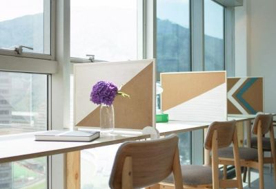 Bright window-facing workstations with wooden chairs and colorful partition screens.