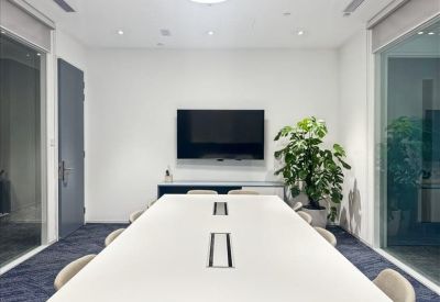 Bright boardroom with a long white table, wall-mounted screen, and a large indoor plant.
