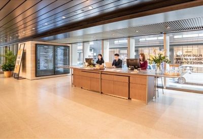 Bright reception area with a wooden desk, potted plants, and floor-to-ceiling windows.