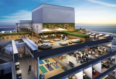 Cutaway view of a multi-level communal rooftop garden, gym, and yoga studio with ocean views.