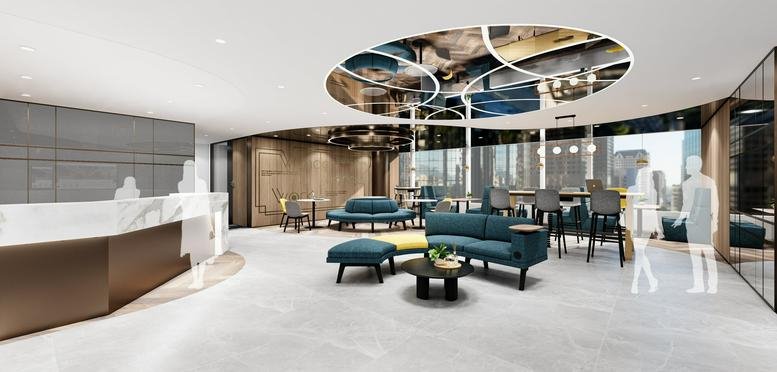 Spacious reception and lounge at CITIC Tower with modern circular ceiling features and city views.