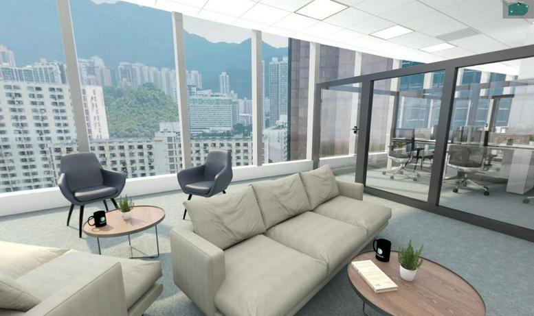 Lounge area at Grand Central Plaza with a beige sofa and armchairs overlooking the city.