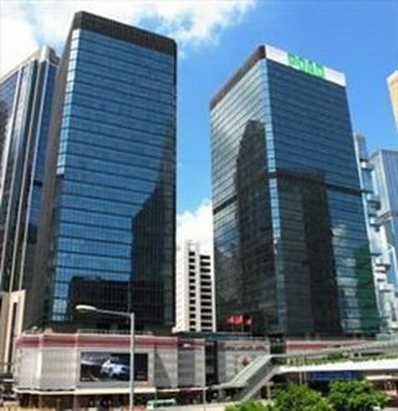 Exterior view of the glass-facade Admiralty Centre Tower 1 in Hong Kong.