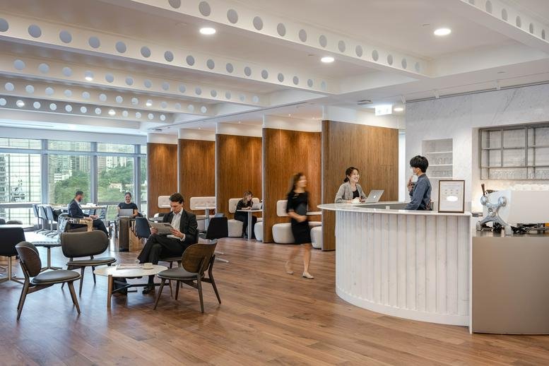 Spacious reception and communal lounge area at AIA Central, 1 Connaught Road Central, Level 15.