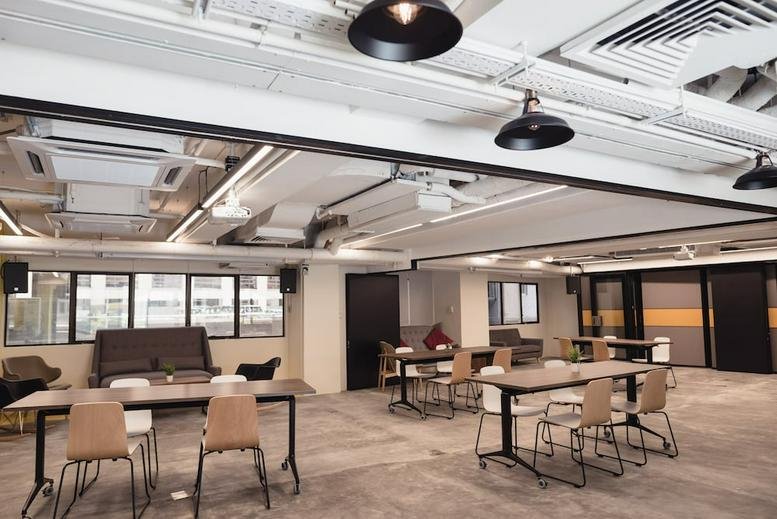Spacious open-plan communal area at Beverly House, 93-107 Lockhart Road, 2/F, Wan Chai, Hong Kong.