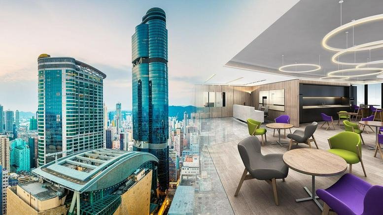 Exterior view of the Langham Place Office Tower and the modern interior lounge area.