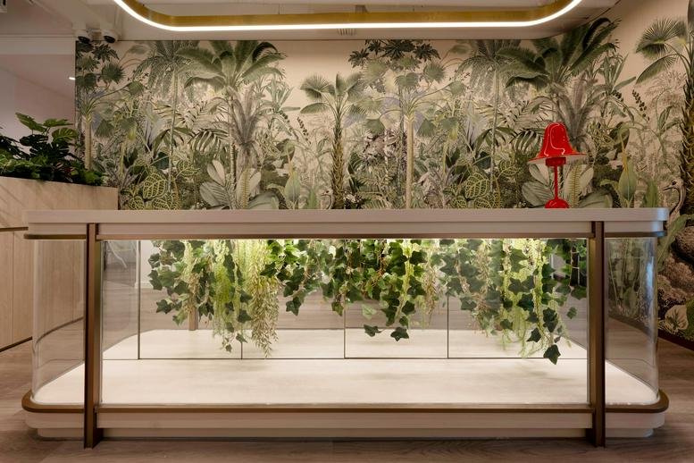 Bright reception desk at The Garden Offices, 25 Tung Lo Wan Road featuring hanging plants and a jungle mural.