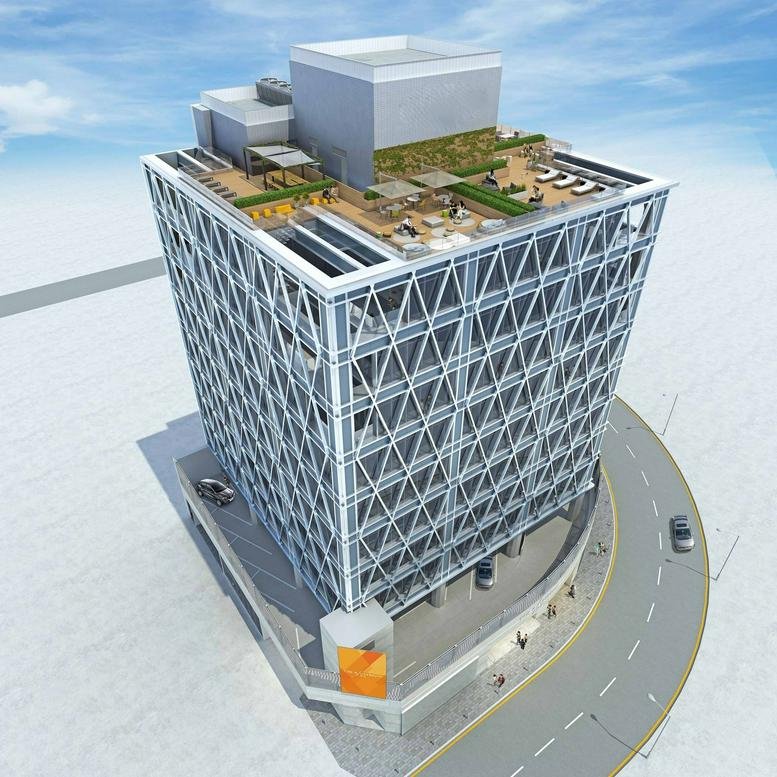 Aerial rendering of The Rainbow, 22 Wing Yip Street, featuring a landscaped rooftop terrace and glass grid facade.
