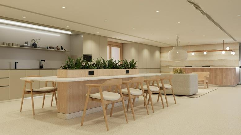 Spacious communal lounge and kitchen area at Silvercord Tower 1, 30 Canton Road, Tsim Sha Tsui, Hong Kong.