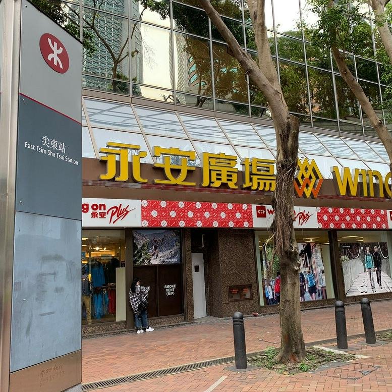Ground level exterior view of Wing On Plaza entrance with gold signage and a large tree in the foreground.